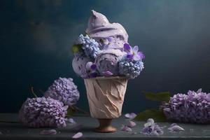Unique and beautiful lilac ice cream. Unique floral arrangement photography photo