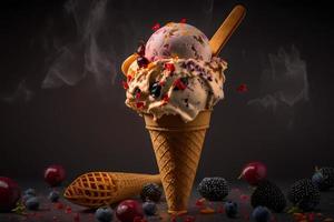 Cold and spicy ice cream with chilli and berries photography photo