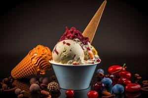 Cold and spicy ice cream with chilli and berries photography photo