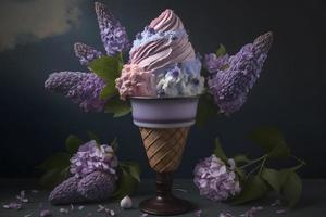 Unique and beautiful lilac ice cream. Unique floral arrangement photography photo