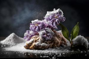 hecho en casa y sabroso frito lila flor con en polvo azúcar comida fotografía foto