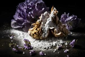 Homemade and tasty fried lilac flower with powdered sugar food photography photo