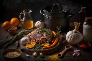 Ingredients for roasted pork knuckle in casserole with spices photo