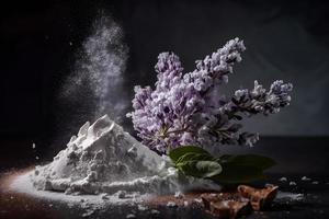 preparación para frito lila flor con en polvo azúcar. dulce postre fotografía foto