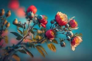 Beautiful spring border, blooming rose bush on a blue background. Flowering rose hips against the blue sky photo