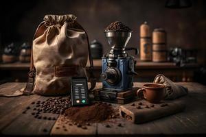 Arabic coffee beans in bag and grinder with ground coffee drink photography photo