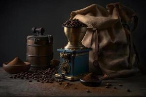 Arabic coffee beans in bag and grinder with ground coffee drink photography photo