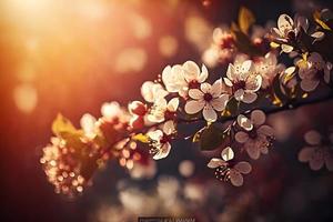 Spring blossom background. Nature scene with blooming tree and sun flare. Spring flowers. Beautiful orchard Photography photo