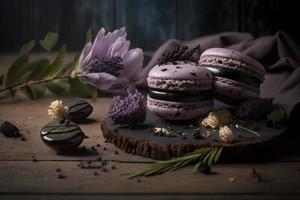 hecho en casa saúco sazonado macarrones. creativo postre composiciones comida fotografía foto