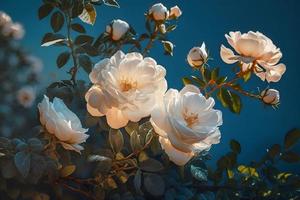 White bush roses on a background of blue sky in the sunlight. Beautiful spring or summer floral background photo