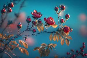 Beautiful spring border, blooming rose bush on a blue background. Flowering rose hips against the blue sky photo