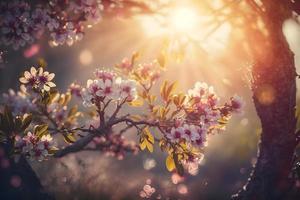 Spring blossom background. Nature scene with blooming tree and sun flare. Spring flowers. Beautiful orchard Photography photo