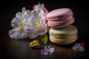 Sweet and beautiful macaroons of flower flavour. Flower flavour dessert food photography photo