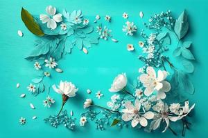 Beautiful spring nature background with lovely blossom, petal a on turquoise blue background frame photo