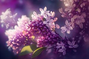 Lilac flowers spring blossom, sunny day light bokeh background photo