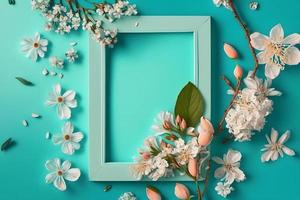 Beautiful spring nature background with lovely blossom, petal a on turquoise blue background frame photo