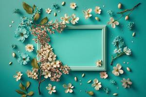 Beautiful spring nature background with lovely blossom, petal a on turquoise blue background frame photo