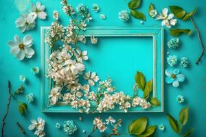 Beautiful spring nature background with lovely blossom, petal a on turquoise blue background frame photo