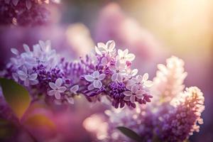 Lilac flowers spring blossom, sunny day light bokeh background photo