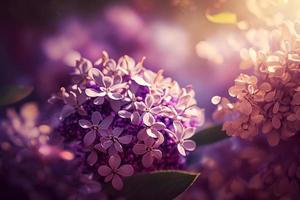 Lilac flowers spring blossom, sunny day light bokeh background photo