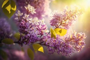 Lilac flowers spring blossom, sunny day light bokeh background photo