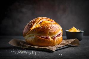 Homemade bun made of cheese and ham for breakfast food photography photo