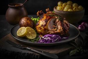 Cripsy roasted pork knuckle served with potatoes and pickled cabbage food photography photo