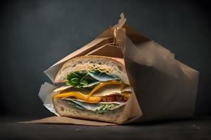 Homemade take away sandwich packed in a gray paper food photography photo