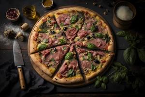 Capricciosa pizza made of ham and mushrooms. Traditional Italian pizza food photography photo