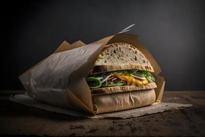 Homemade take away sandwich packed in a gray paper food photography photo