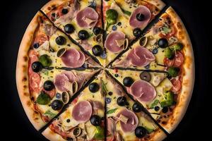 Capricciosa pizza made of ham and mushrooms. Traditional Italian pizza food photography photo