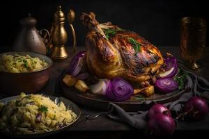 Cripsy roasted pork knuckle served with potatoes and pickled cabbage food photography photo