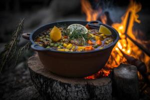 delicioso y caliente cazadores estofado en hoguera comida fotografía foto