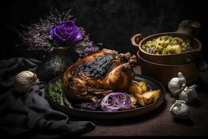 Cripsy roasted pork knuckle served with potatoes and pickled cabbage food photography photo