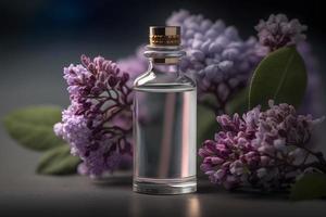 Unique and aromatic lilac fragrance in vial. Blooming lilac scent photography photo