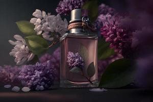 Unique and aromatic lilac fragrance in vial. Blooming lilac scent photography photo