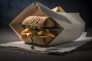 Homemade take away sandwich packed in a gray paper food photography photo
