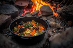 Delicious and hot hunters stew on bonfire food photography photo