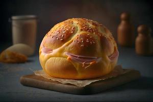 Homemade bun made of cheese and ham for breakfast food photography photo