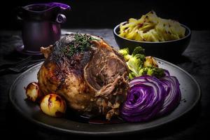 Cripsy roasted pork knuckle served with potatoes and pickled cabbage food photography photo