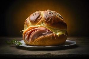 Homemade bun made of cheese and ham for breakfast food photography photo