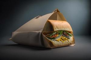 Homemade take away sandwich packed in a gray paper food photography photo