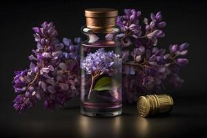 Unique and aromatic lilac fragrance in vial. Blooming lilac scent photography photo