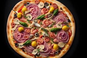 capricciosa Pizza hecho de jamón y hongos. tradicional italiano Pizza comida fotografía foto