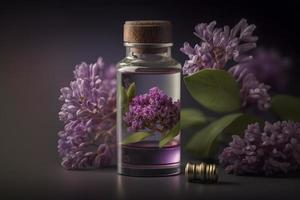 Unique and aromatic lilac fragrance in vial. Blooming lilac scent photography photo