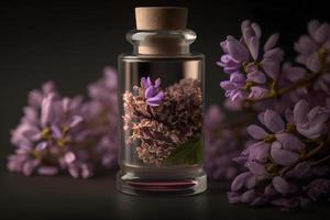 Unique and aromatic lilac fragrance in vial. Blooming lilac scent photography photo