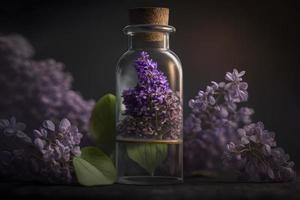 Unique and aromatic lilac fragrance in vial. Blooming lilac scent photography photo