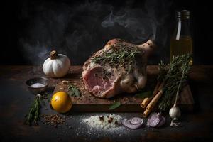 Fresh Schweinshaxe with spices, garlic and salt food photography photo