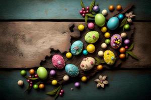 Colorful easter decarations on wooden plank photography photo