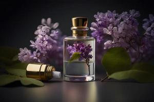 Unique and aromatic lilac fragrance in vial. Blooming lilac scent photography photo